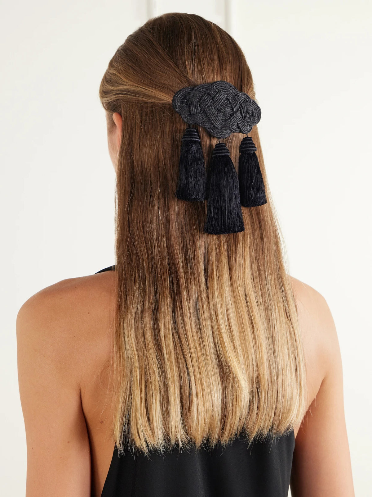 Image of Accessories. Product name - Olga Tasseled Embroidered Silk Hairclip in Black colour by brand - Jennifer Behr