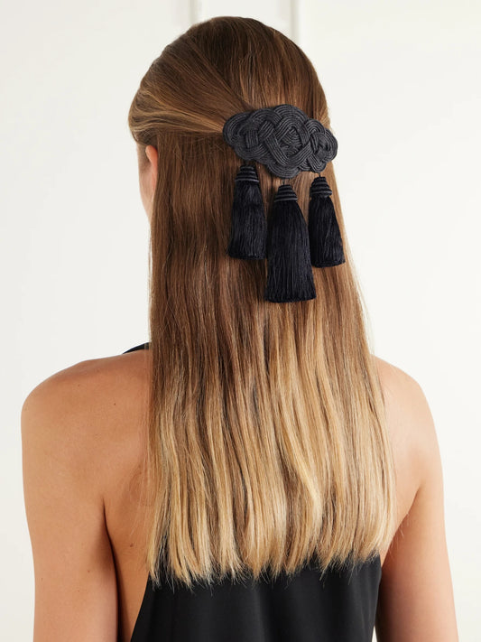 Image of Accessories. Product name - Olga Tasseled Embroidered Silk Hairclip in Black colour by brand - Jennifer Behr