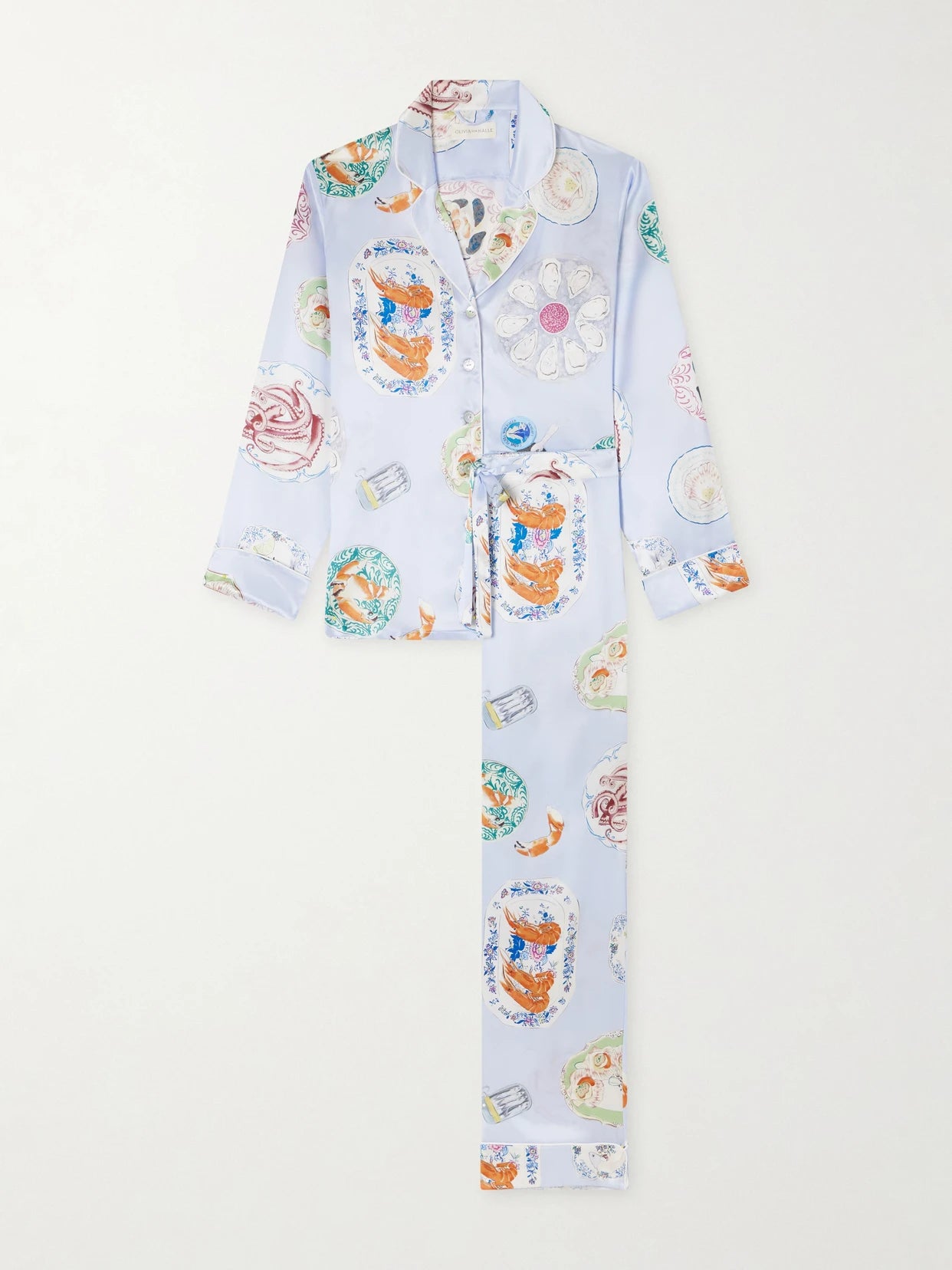 Image of Lingerie. Product name - Lila Printed Silk-satin Pajama Set in Blue colour by brand - Olivia von Halle