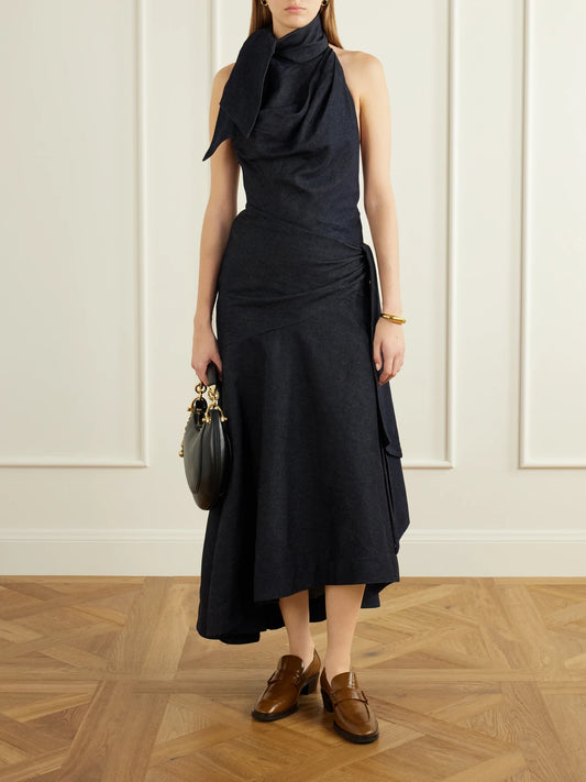 Image of Dresses. Product name - Valiant Open-back Asymmetric Draped Denim Maxi Dress in Blue colour by brand - Zimmermann