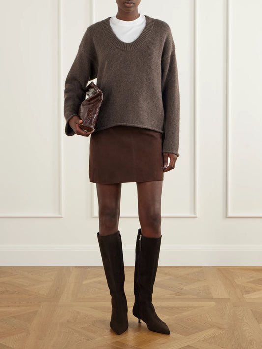 Image of Boots. Product name - Sabrina 35 Suede Knee Boots in Dark brown colour by brand - Aeyde