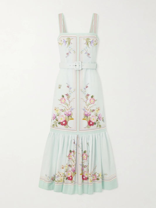 Image of Dresses. Product name - Belted Floral-print Linen And Cotton-blend Midi Dress in Green colour by brand - Self-Portrait
