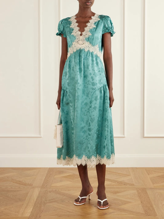 Image of Dresses. Product name - Shay Gathered Lace-trimmed Floral-jacquard Midi Dress in Turquoise colour by brand - Sea