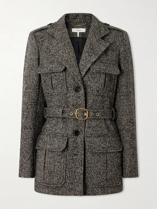 Image of Coats & Jackets. Product name - Belted Herringbone Wool-blend Jacket in Brown colour by brand - Chloé