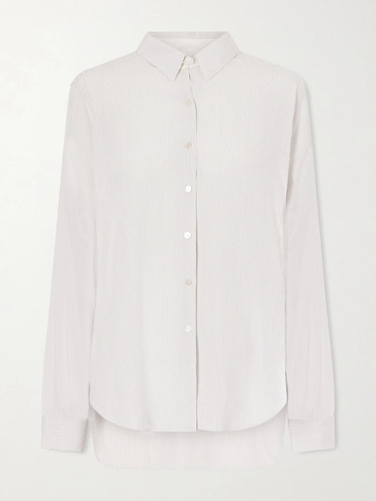 Image of a model wearing Tops. Product name - Fiora Pinstriped Silk Shirt in Multi colour by brand - The Row