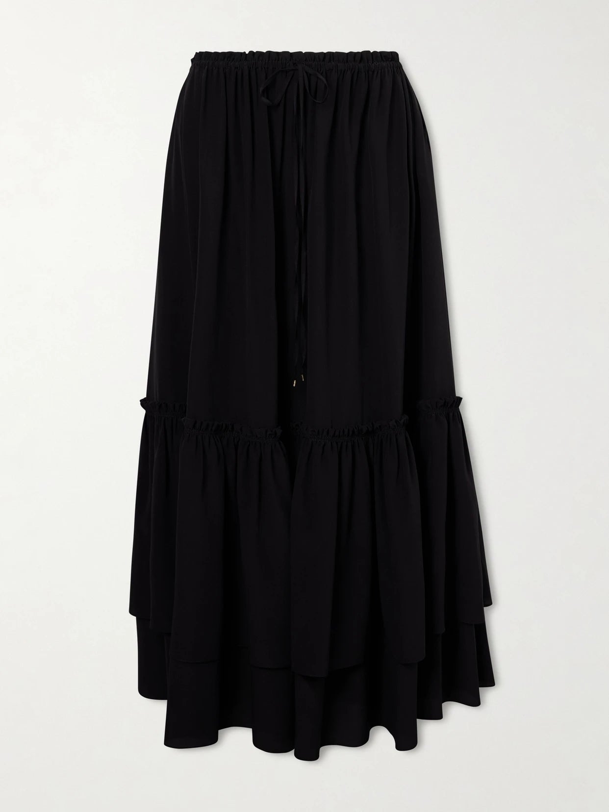Image of a model wearing Skirts. Product name - Tiered Silk Crepe De Chine Maxi Skirt in Black colour by brand - Chloé