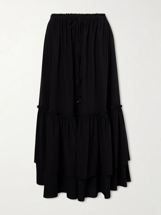 Image of a model wearing Skirts. Product name - Tiered Silk Crepe De Chine Maxi Skirt in Black colour by brand - Chloé