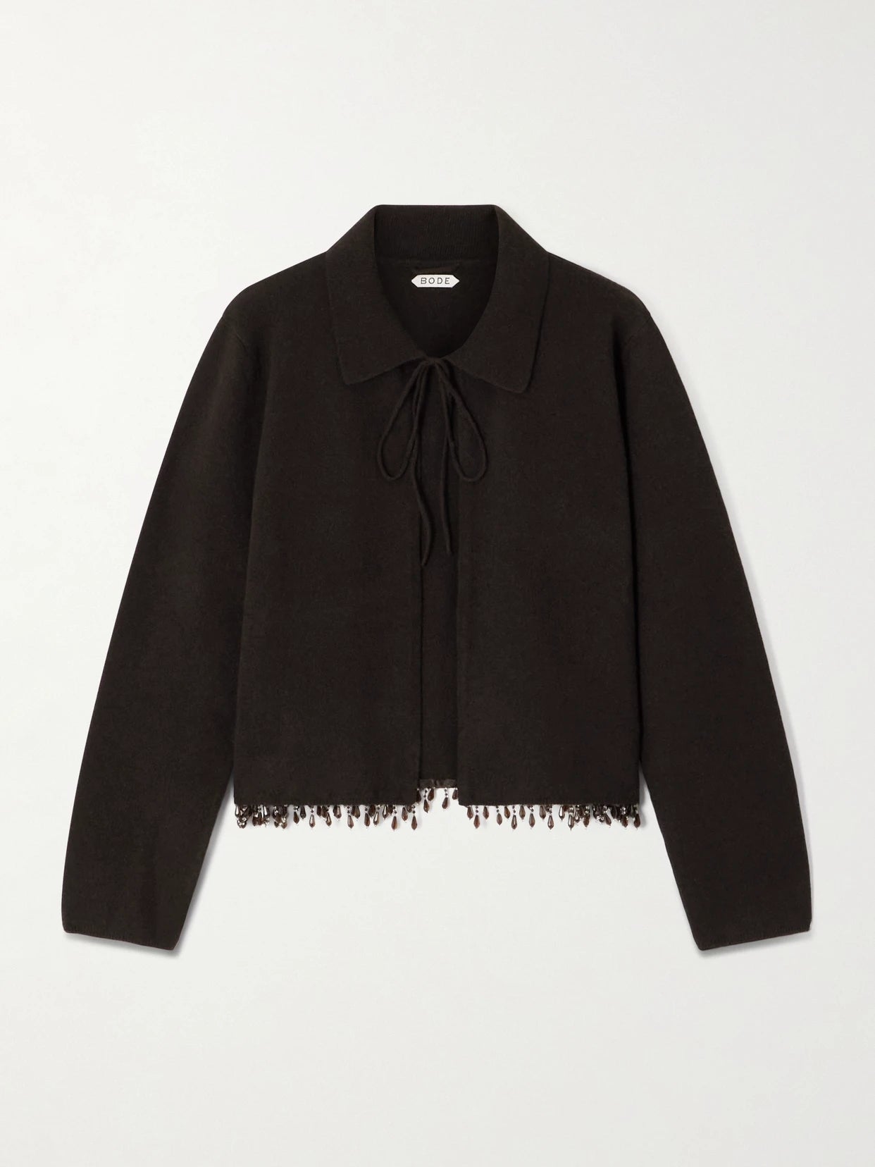 Image of a model wearing Outerwear. Product name - Embellished Wool And Cashmere-blend Cardigan in Dark brown colour by brand - BODE
