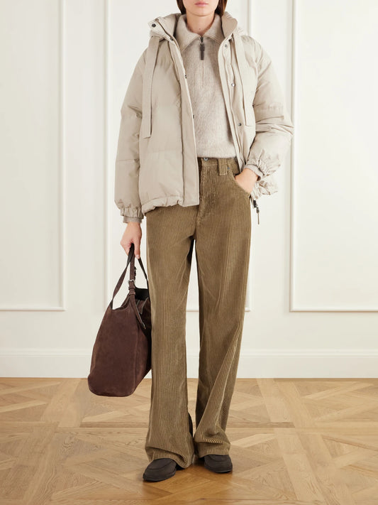 Image of a model wearing Outerwear. Product name - Ribbed Brushed Mohair-blend Half-zip Sweater in Beige colour by brand - Brunello Cucinelli