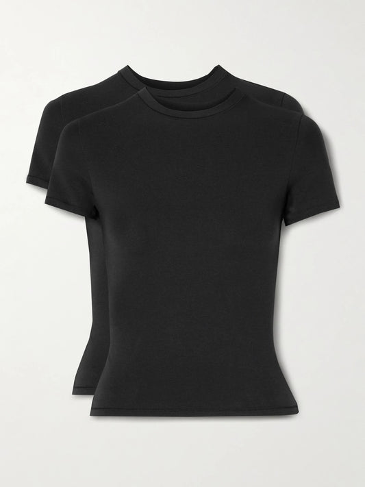Image of a model wearing Tops. Product name - Set Of Two Stretch-cotton Jersey T-shirts - Soot in Black colour by brand - SKIMS