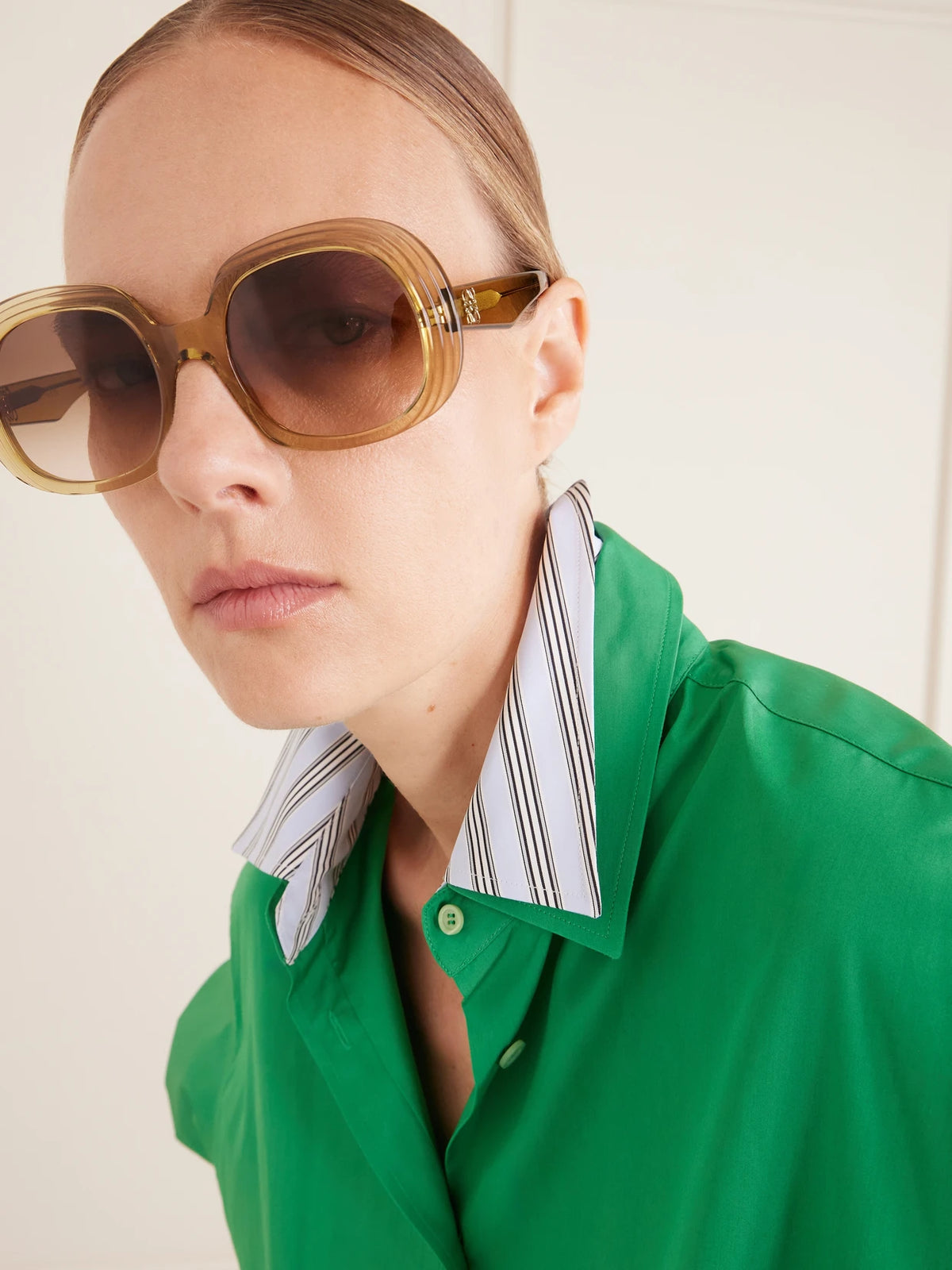 Image of Sunglasses. Product name - Mini Anagram Steps Square Round-frame Acetate Sunglasses in Green colour by brand - Loewe