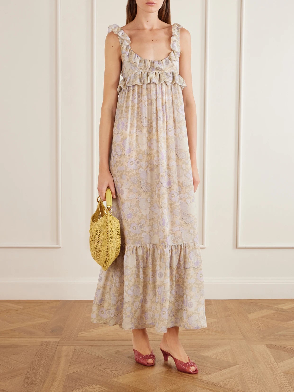 Image of Dresses. Product name - Ruffled Tiered Floral-print Silk-charmeuse Maxi Dress in Purple colour by brand - Chloé