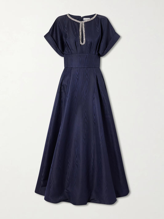 Image of Dresses. Product name - Embellished Moire Gown in Navy colour by brand - Rebecca Vallance