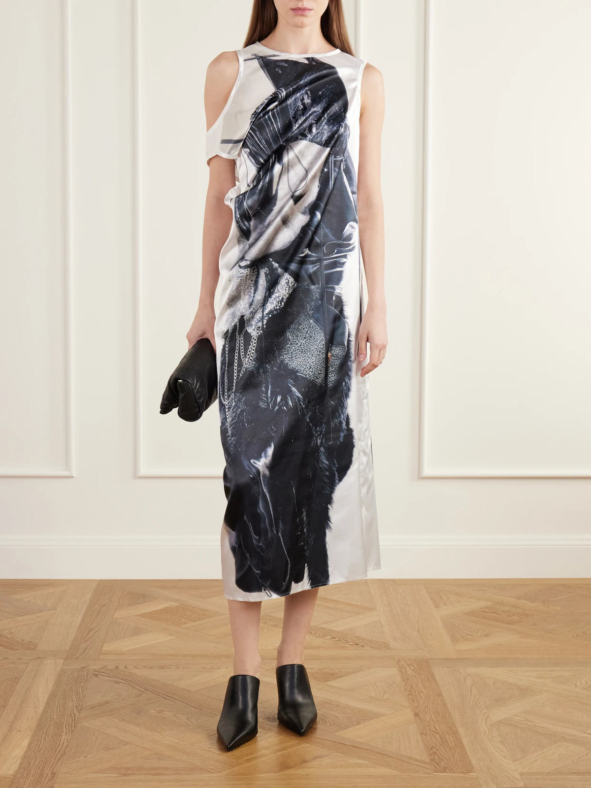 Image of Dresses. Product name - Cut-out Printed Satin Midi Dress in Multi colour by brand - Junya Watanabe