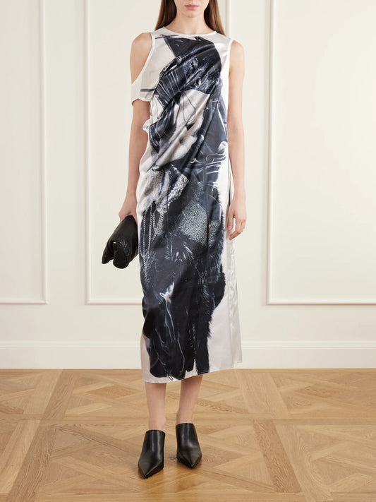 Image of Dresses. Product name - Cut-out Printed Satin Midi Dress in Multi colour by brand - Junya Watanabe