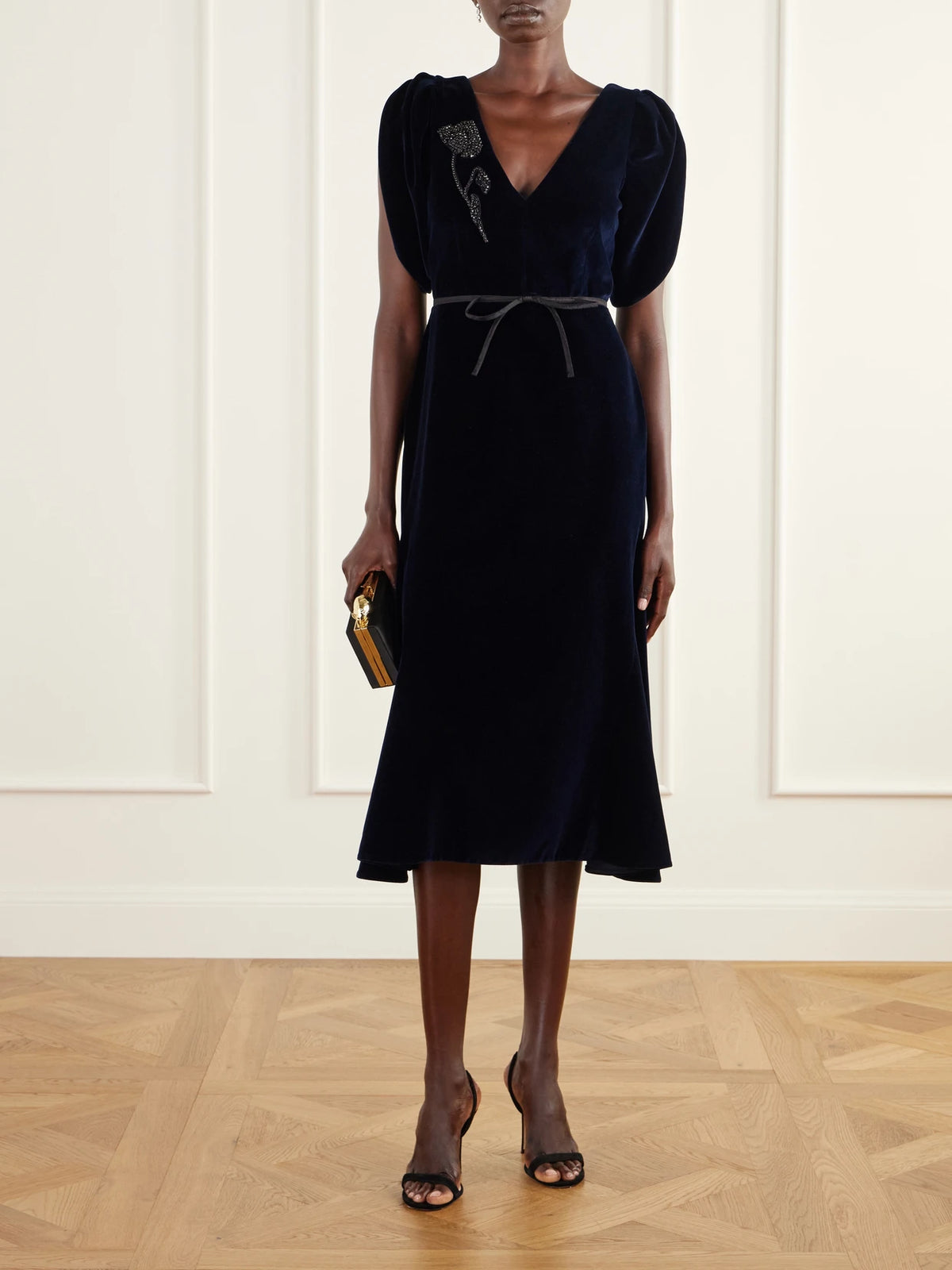 Image of Dresses. Product name - Bead-embellished Satin-trimmed Cotton-velvet Midi Dress in Navy colour by brand - Erdem
