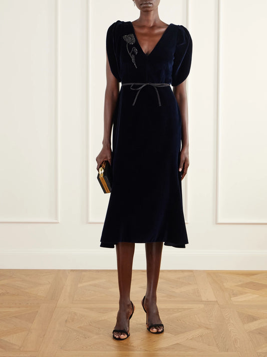 Image of Dresses. Product name - Bead-embellished Satin-trimmed Cotton-velvet Midi Dress in Navy colour by brand - Erdem
