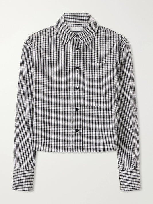 Image of a model wearing Tops. Product name - Olive Cropped Checked Cotton And Linen-blend Poplin Shirt in Gray colour by brand - Proenza Schouler White Label