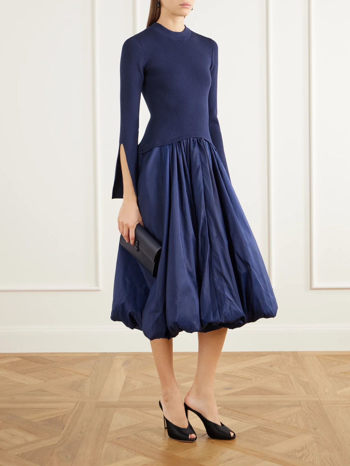Image of Dresses. Product name - Kenlie Gathered Ribbed Jersey And Taffeta Midi Dress in Navy colour by brand - SIMKHAI