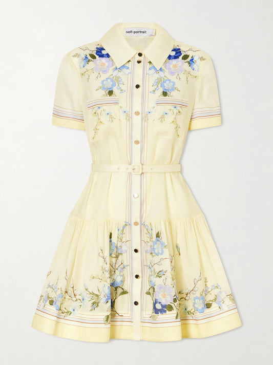 Image of Dresses. Product name - Belted Floral-print Organza Mini Shirt Dress in Yellow colour by brand - Self-Portrait