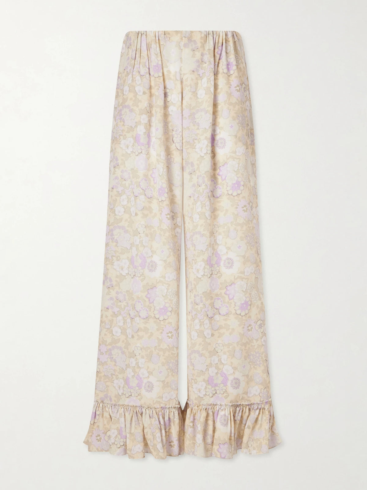 Ruffled Floral-print Silk-charmeuse Wide-leg Pants