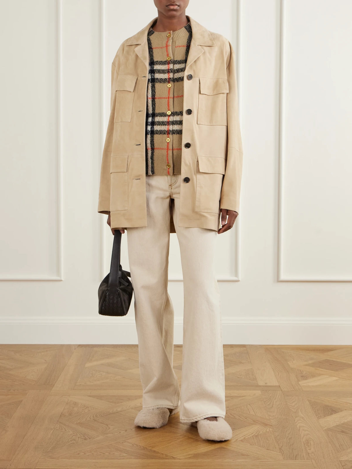 Image of Flats. Product name - Buckle-detailed Check-trimmed Shearling Ballet Flats in Cream colour by brand - Burberry