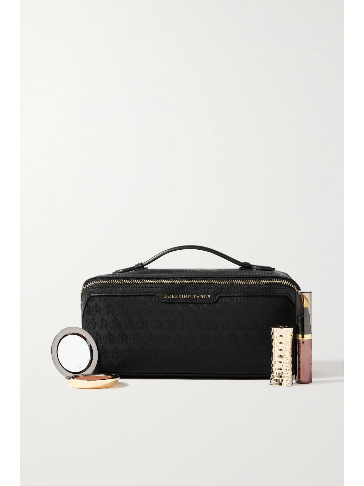 Image of Health & Beauty. Product name - Dressing Table Leather-trimmed Logo-jacquard Nylon Cosmetics Case in Black colour by brand - Anya Hindmarch