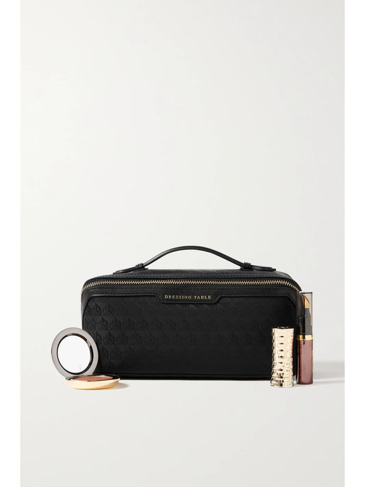 Image of Health & Beauty. Product name - Dressing Table Leather-trimmed Logo-jacquard Nylon Cosmetics Case in Black colour by brand - Anya Hindmarch