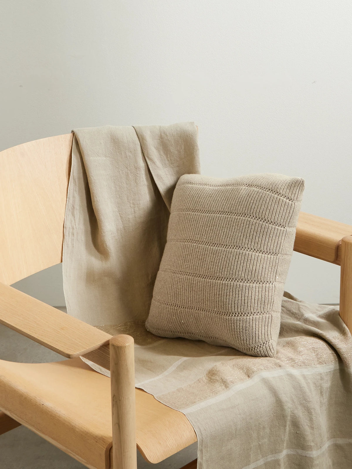 Image of Chair & Sofa Cushions. Product name - Sequin-embellished Metallic Ribbed-knit Pillow in Beige colour by brand - Brunello Cucinelli