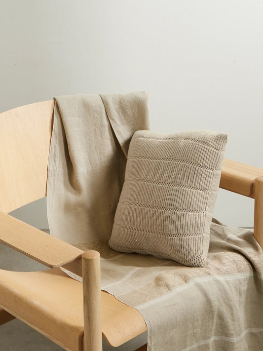 Image of Chair & Sofa Cushions. Product name - Sequin-embellished Metallic Ribbed-knit Pillow in Beige colour by brand - Brunello Cucinelli