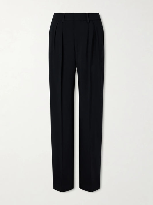 Image of a model wearing Pants. Product name - Aiden Pleated Cady Straight-leg Pants in Black colour by brand - KALLMEYER