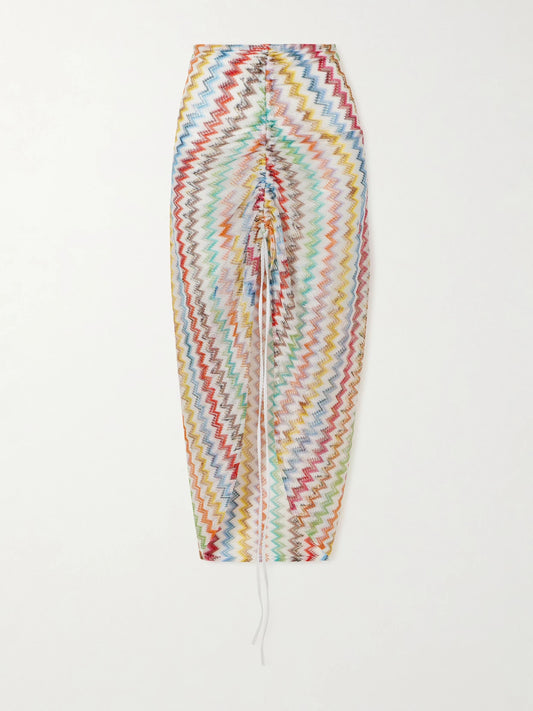 Image of a model wearing Skirts. Product name - Gathered Striped Metallic Crochet-knit Midi Skirt in Blue colour by brand - Missoni