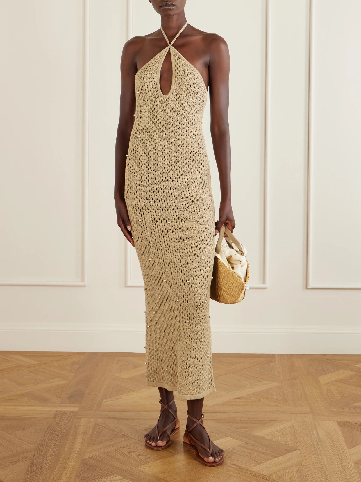 Image of Dresses. Product name - Isola Embellished Crocheted Cotton Halterneck Maxi Dress in Leaf green colour by brand - STAUD