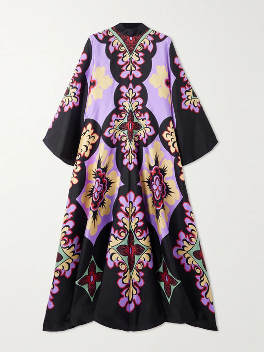 Image of Dresses. Product name - Icon Magnifico Draped Printed Silk-twill Maxi Dress in Purple colour by brand - La DoubleJ