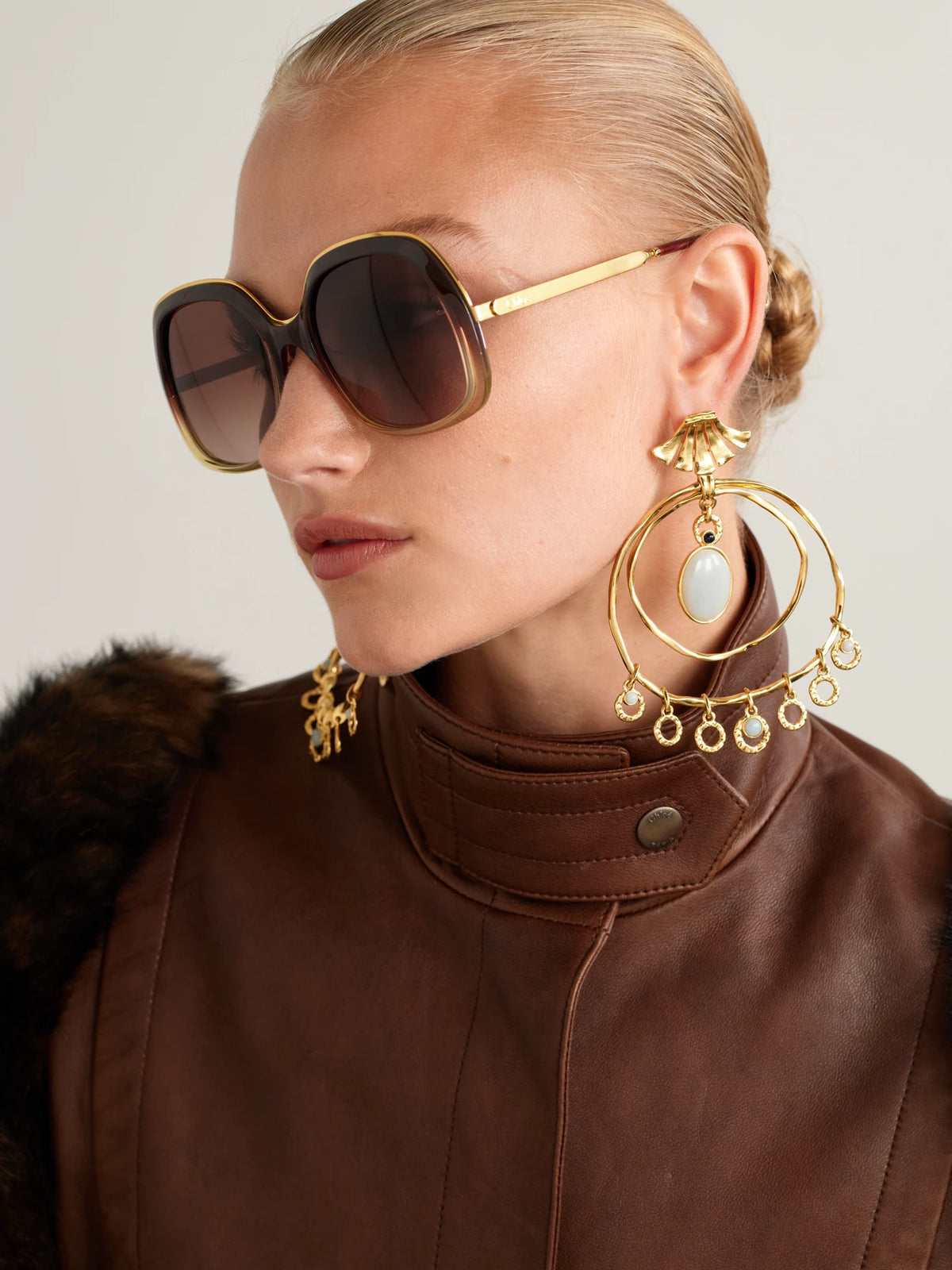 Image of Sunglasses. Product name - Aly Square-frame Acetate And Gold-tone Sunglasses in Brown colour by brand - Chloé