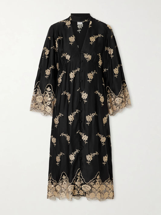 Loretta Caponi Sinalunga Floral-embroidered Lace-trimmed Satin Midi Dress