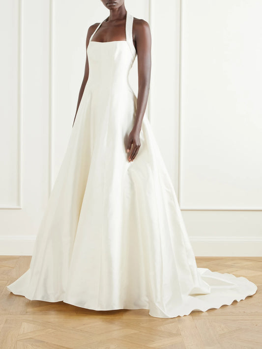 Image of Dresses. Product name - Liz Halterneck Beaded Wool And Silk-blend Twill Halterneck Gown in Ivory colour by brand - Danielle Frankel