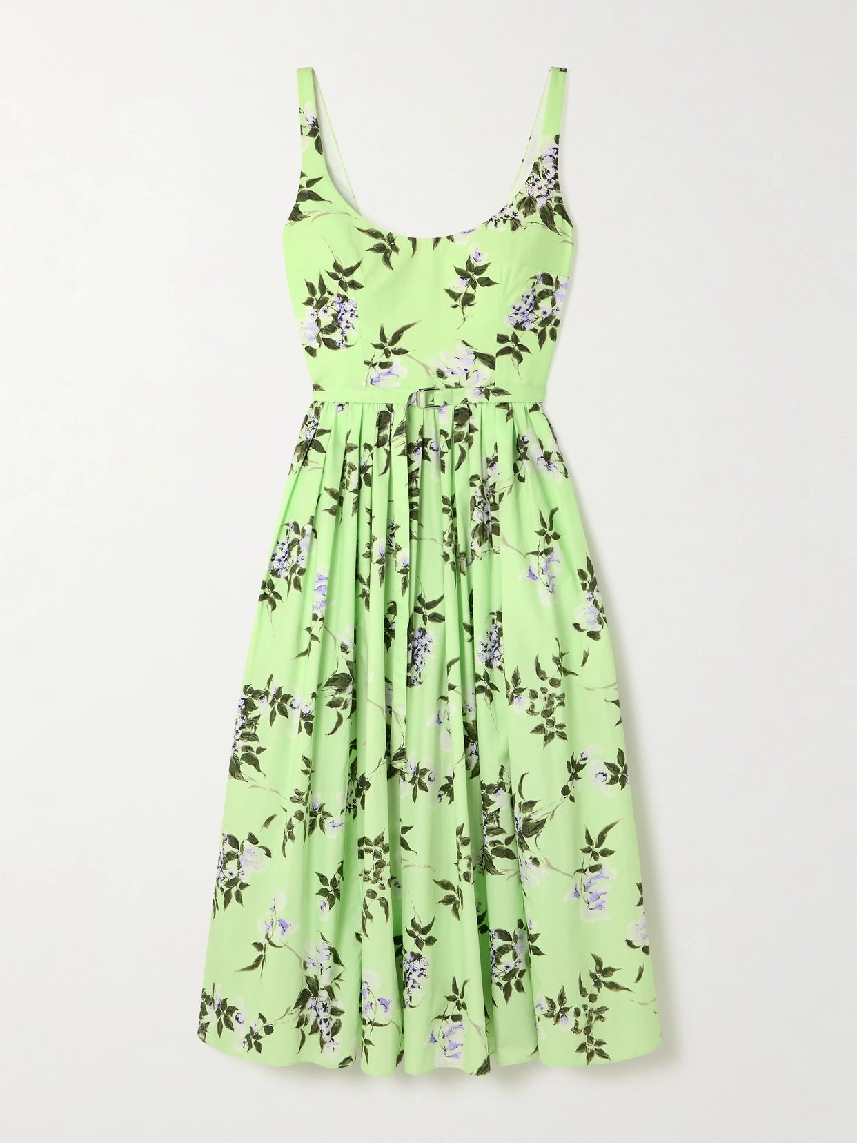 Image of Dresses. Product name - Eglantine Belted Gathered Floral-print Cotton-poplin Midi Dress in Green colour by brand - Emilia Wickstead
