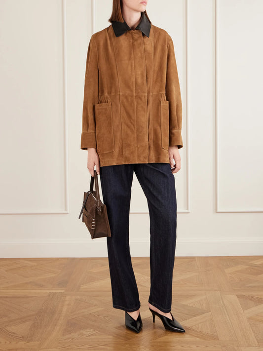 Image of Coats & Jackets. Product name - Grange Gathered Leather-trimmed Suede Jacket in Brown colour by brand - Nour Hammour