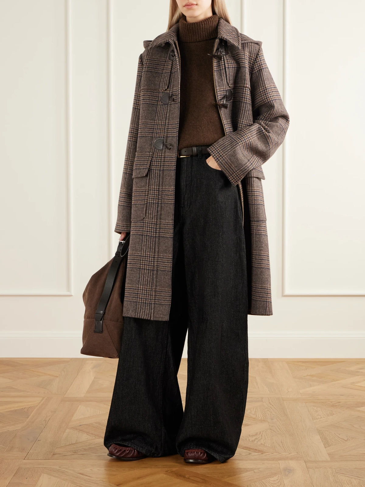 Image of Coats & Jackets. Product name - Melody Leather-trimmed Prince Of Wales Checked Wool-blend Woven Coat in Brown colour by brand - Barbour