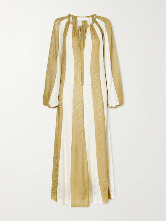Image of Dresses. Product name - Mahon Splice Striped Mesh Midi Dress in Beige colour by brand - Zimmermann