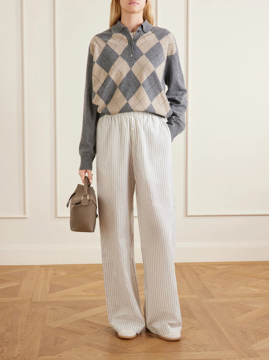 Image of a model wearing Outerwear. Product name - Argyle Cashmere, Wool And Silk-blend Polo Sweater in Gray colour by brand - RÓHE
