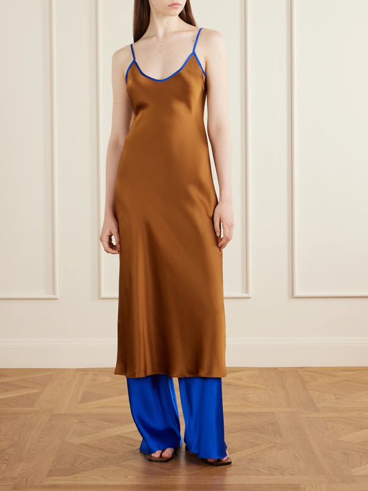 Image of Dresses. Product name - Bias Silk-charmeuse Slip Midi Dress in Dark brown colour by brand - Comme Si