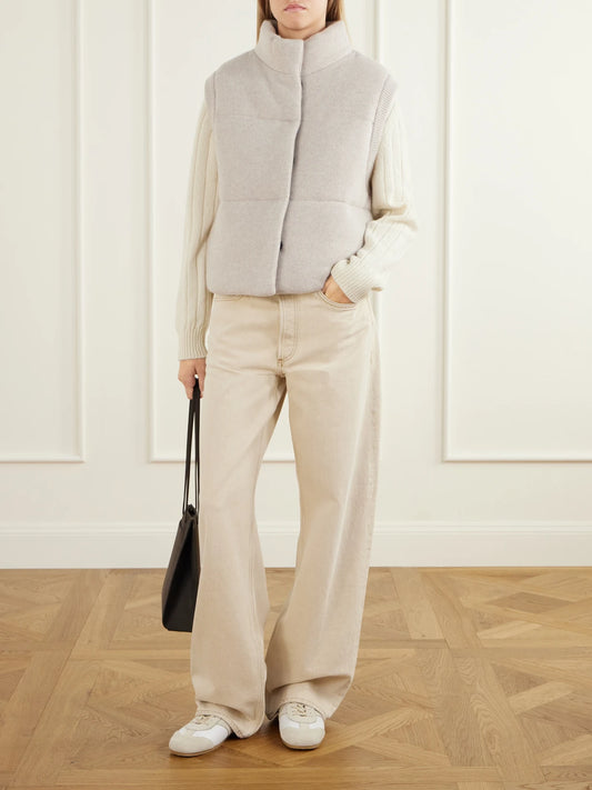 Image of Coats & Jackets. Product name - Montana Ribbed Cashmere Puffer Vest in Beige colour by brand - Le Kasha