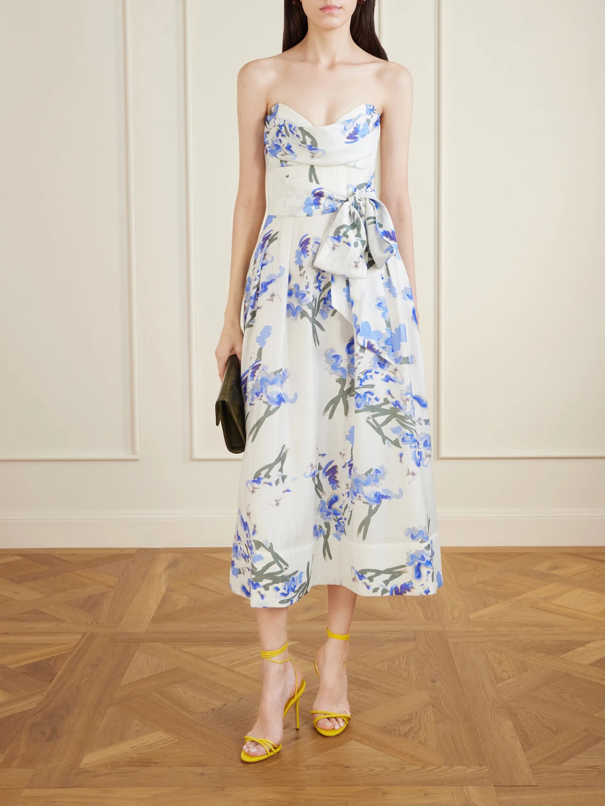 Image of Dresses. Product name - Bluebell Belted Draped Floral-print Organza Midi Dress in White colour by brand - Rebecca Vallance