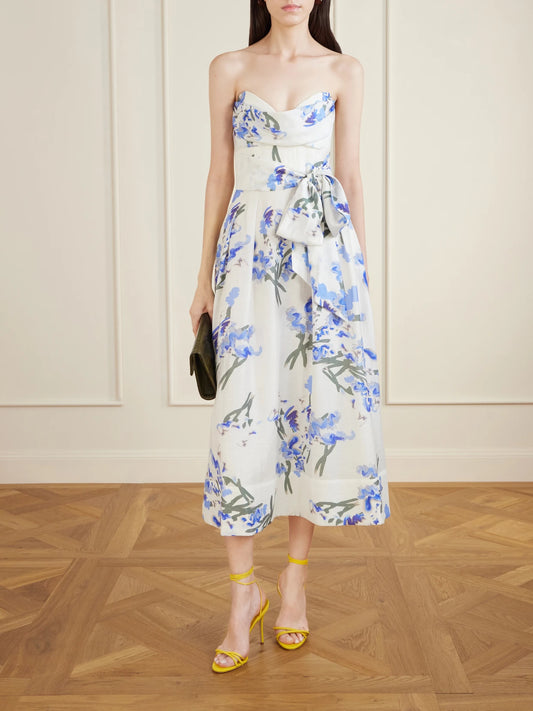 Image of Dresses. Product name - Bluebell Belted Draped Floral-print Organza Midi Dress in White colour by brand - Rebecca Vallance