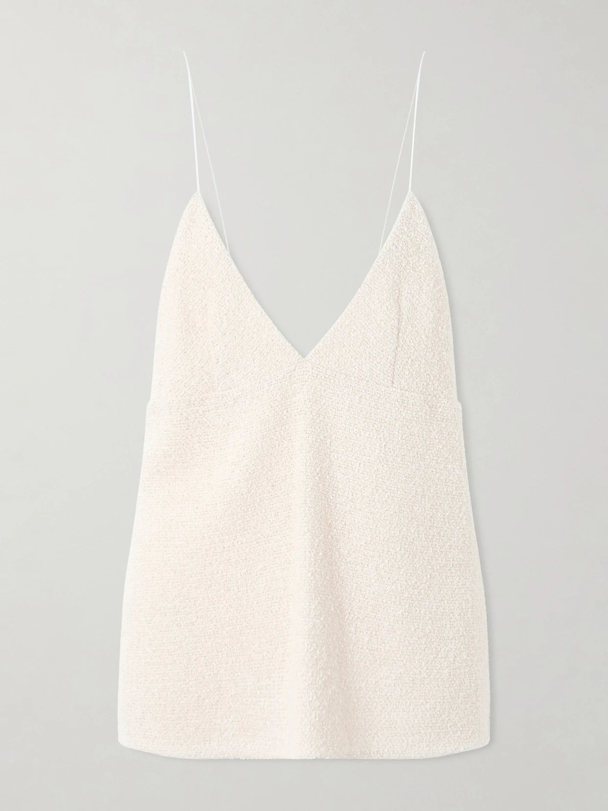 Image of a model wearing Tops. Product name - Timy Frayed Organza-trimmed Cotton-blend Bouclé Camisole in Neutral colour by brand - KHAITE