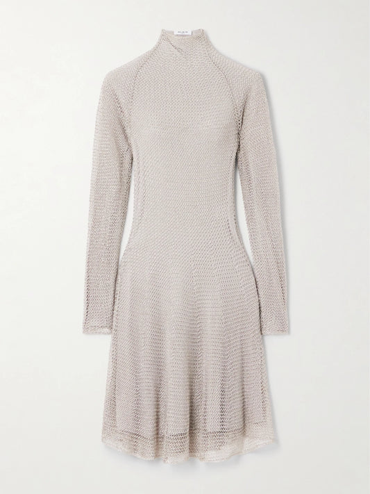Metallic Open-knit Turtleneck Mini Dress