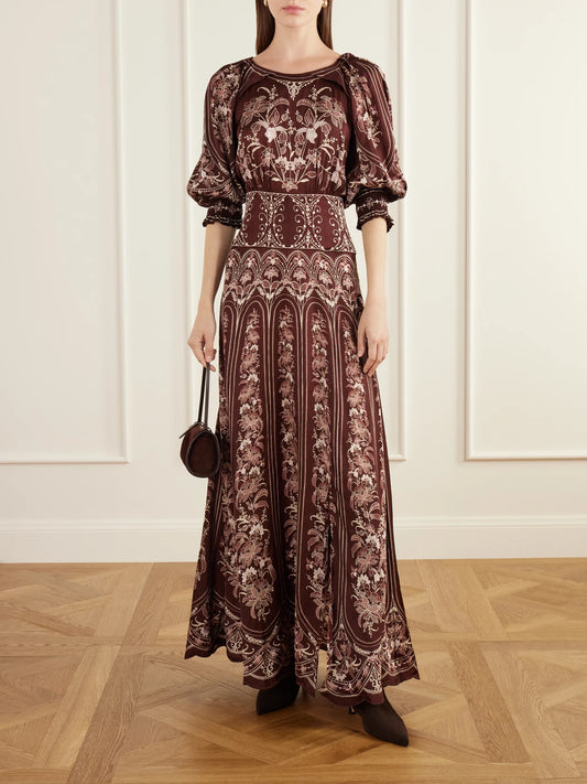Image of Dresses. Product name - Liz Scalloped Printed Satin Maxi Dress in Burgundy colour by brand - Farm Rio