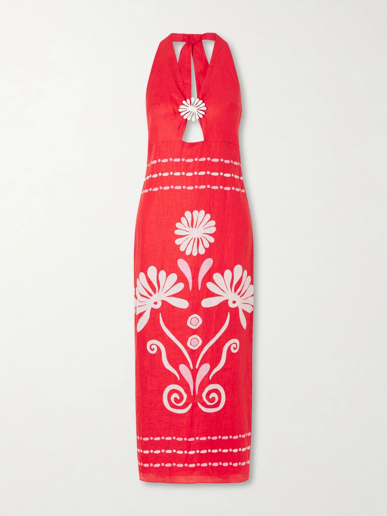Image of Dresses. Product name - Orly Embellished Cutout Printed Linen Maxi Dress in Tomato red colour by brand - Cala de la Cruz